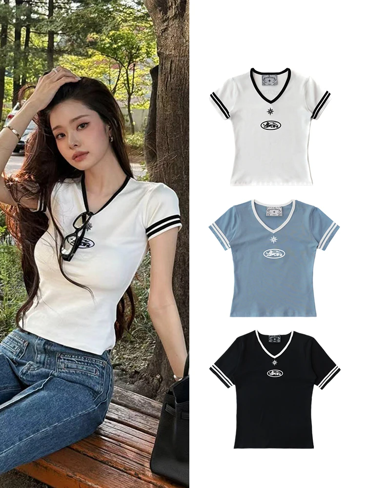 

Футболка Slim Fit ort Sve, женская повседневная хлопковая футболка с v-образным вырезом и принтом, уличная одежда для молодых девушек, летние спортивные штаны