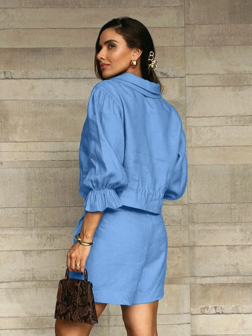 Marthaqiqi Loose Women Sleepwear Set Long Sleeve Nightgown Turn-Down Collar Nightwear Lace Up Pajamas Shorts Ladies Nightie Suit