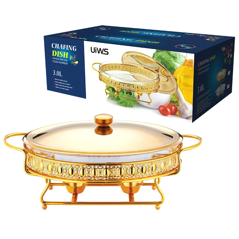 

Luxury gold/silver chafing dish buffet food warmer set egg shape hotel glass chafing dish