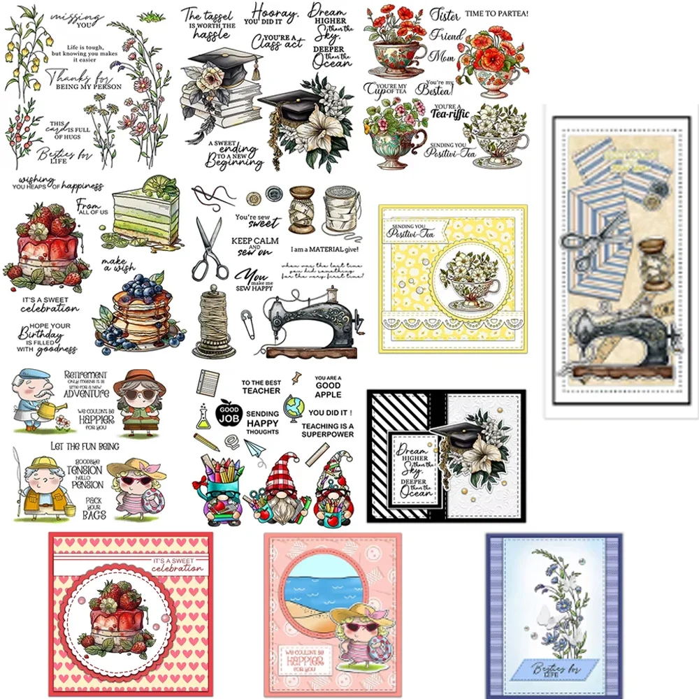 Troqueles y sellos de corte florales y pequeñas de primavera, máquina de coser de pastel dulce, juego de sellos de gnomos para manualidades de álbum de recortes DIY