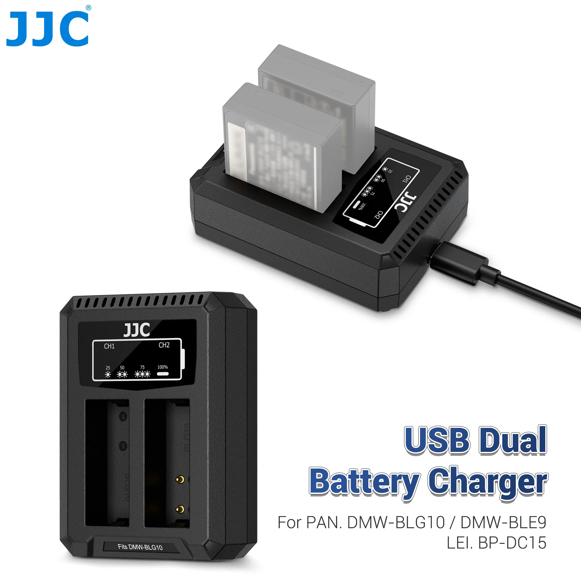 Cargador de Batería JJC para Leica D-LUX 8 D-LUX 7 Panasonic Lumix DMC-LX100 LX100II GX7 GX8 GX9 G100D ZS99 DMW-BLG10