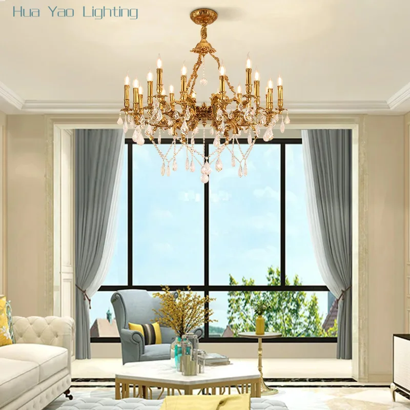 French Luxury Lighting Crystal Copper Chandelier Villa Antique Dinning Room Fixture Brass Candle Pendant Light