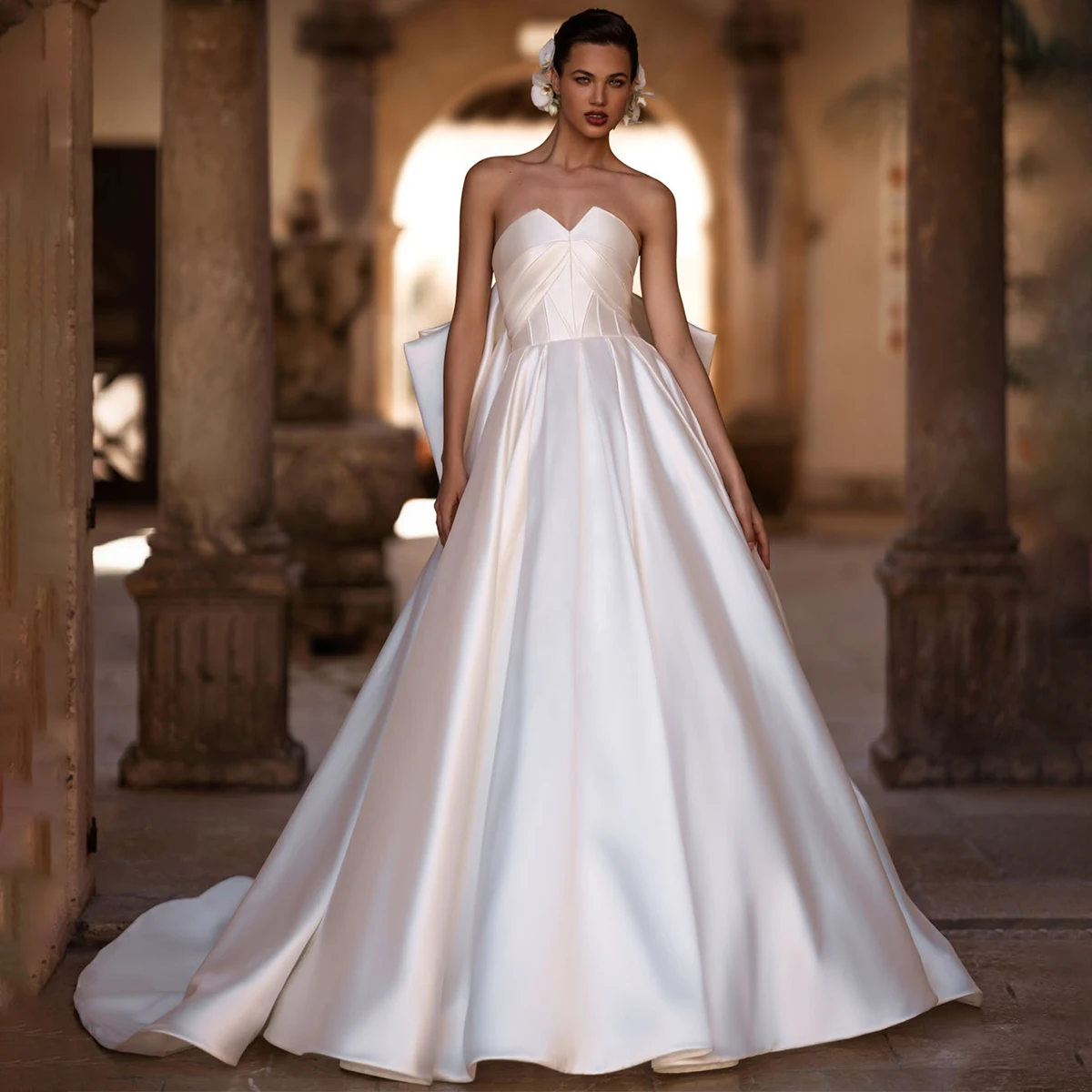 

Elegant Vestidos Novia Strapless Wedding Dress With Train Pleated Bridal Party Gown With Bow A Line Long Ball Gown For Bride