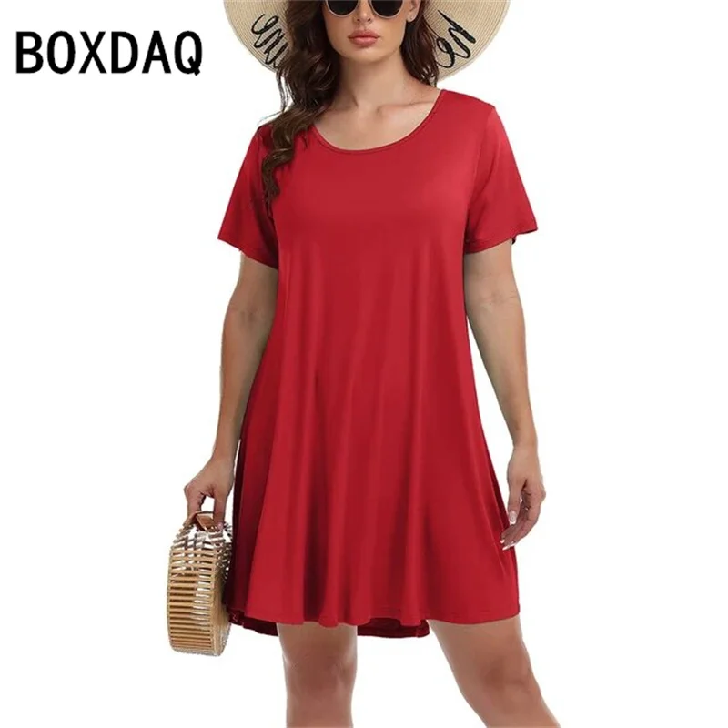 Fashion Women Solid Color A-Line Dress Summer Short Sleeve O-Neck Casual Dress 2024 New Purple Black Red Dresses