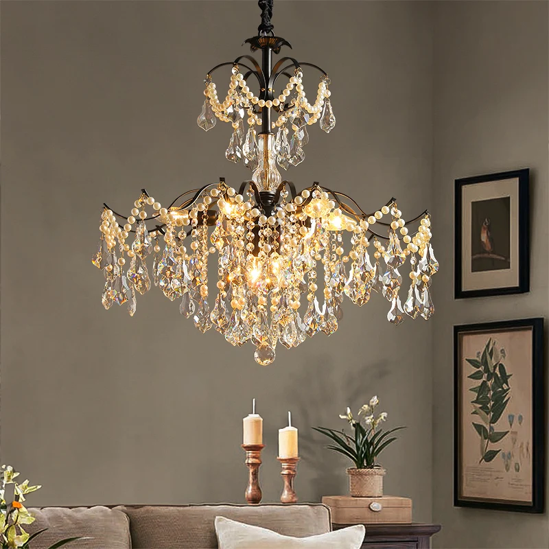 

2025 new medieval style living room dining room crystal pearl chandelier simple retro style