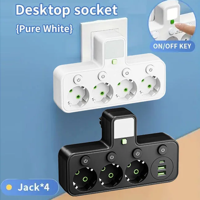 EU Plug Power Strip with 3 AC Outlets +2 USB Ports+ 1 Type C, 6-in-1 Plug Socket Adapter Wireless Wall Charger for Home Office