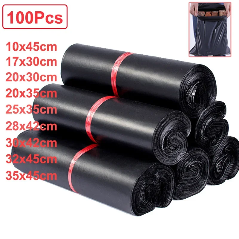 

100 шт., черная курьерская сумка, экспресс-конверты, сумки для хранения, почтовые пакеты, самоклеящаяся печать, пластиковый чехол, упаковочная транспортировочная сумка
