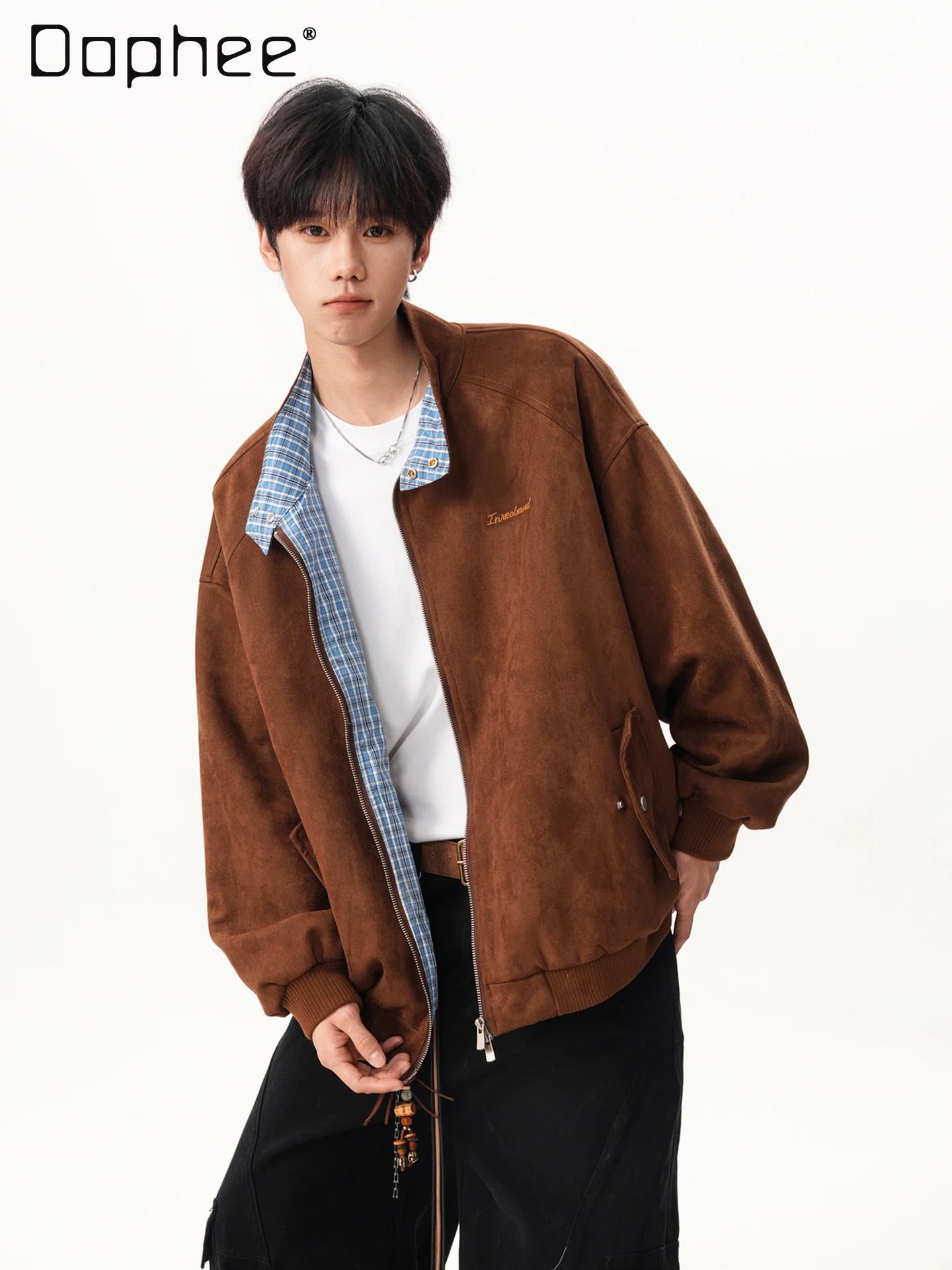 

Весенне-осенняя мужская замшевая куртка в американском стиле в клетку в стиле пэчворк с отложным воротником, кофейная куртка в стиле ретро, свободная желтая бейсбольная куртка