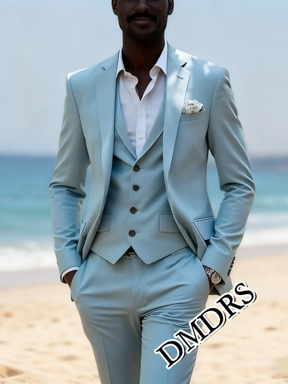 

Stylish Sky-Blue Men's Suit Set 3PCS For Wedding Formal Slim-Fit Business Men's Suit Set Exquisite Office Men's Suit Set