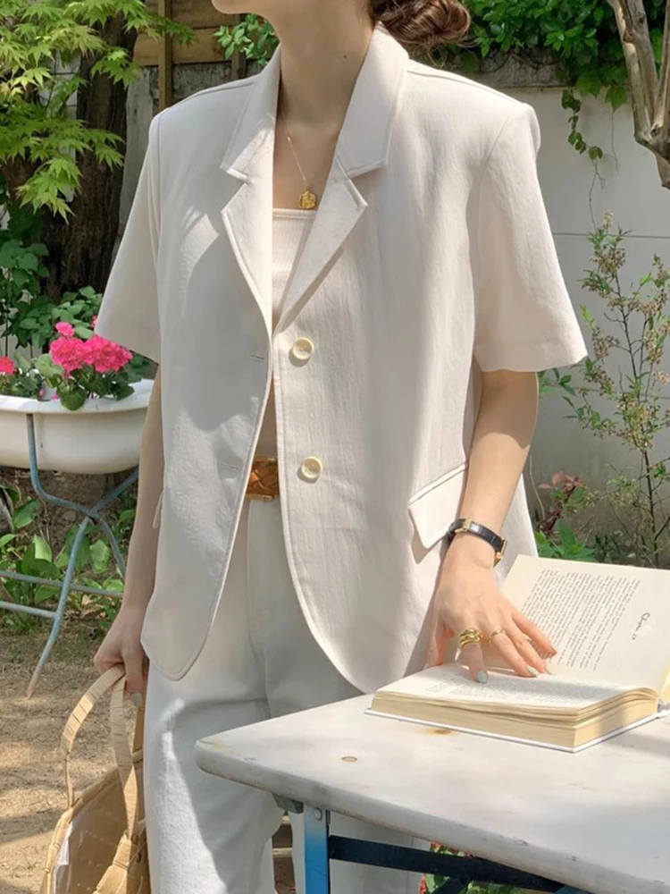 Loose Fit Versatile ort Sve Women's Jaet Summer New Sle Single Button Korean Sle Commute Wind Regular Sve