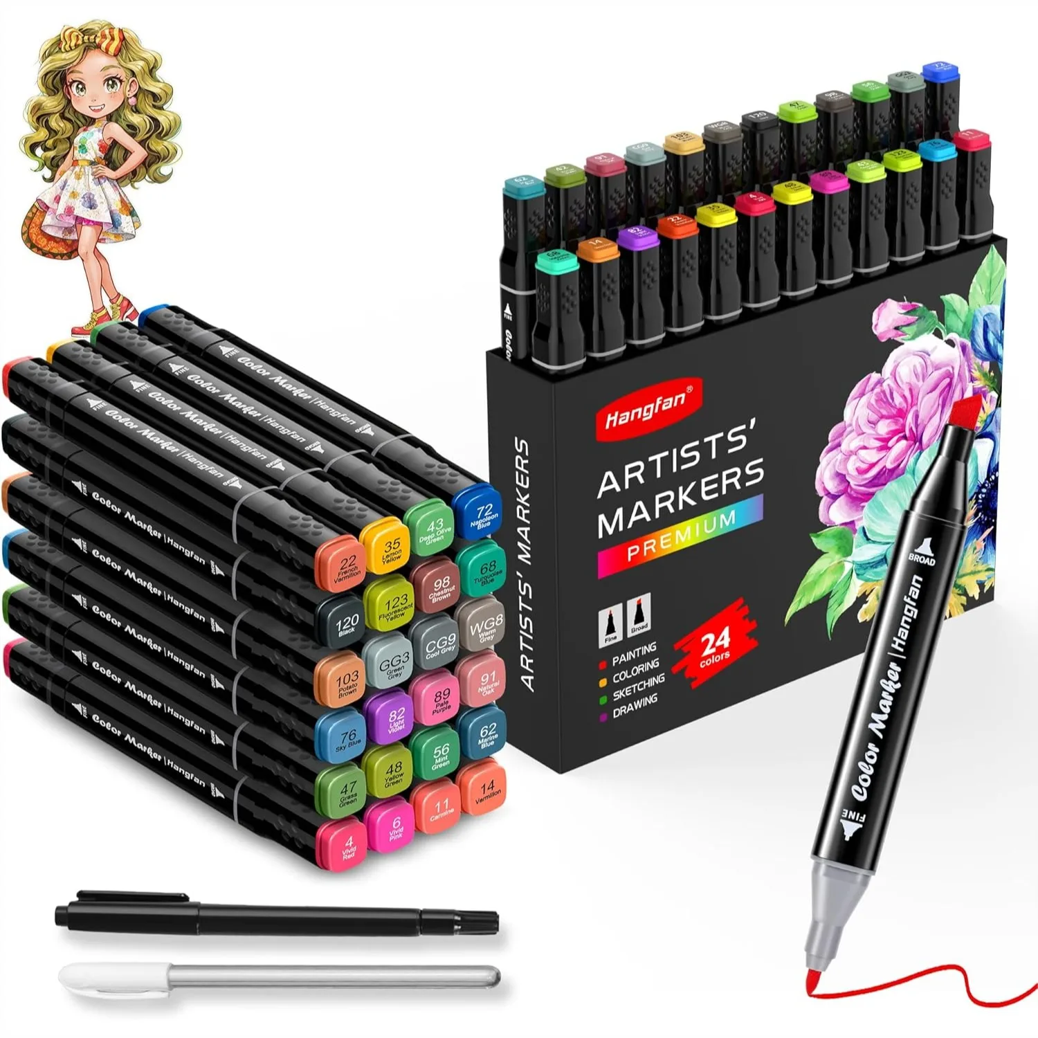 

24 Colors Alcohol Markers Dual Tip Art Markers For Beginner Drawing Sketching Illustration With 2 Outliner Pens And Storage Case