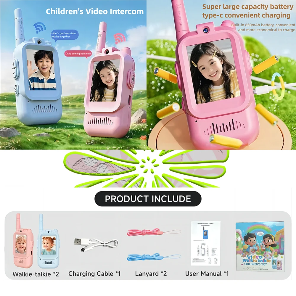 Talkies-walkies vidéo pour enfants, lot de 2, interphone rechargeable, talkie-walkie mignon avec écran de 2 pouces, appel en un clic, interphone vidéo pour enfant