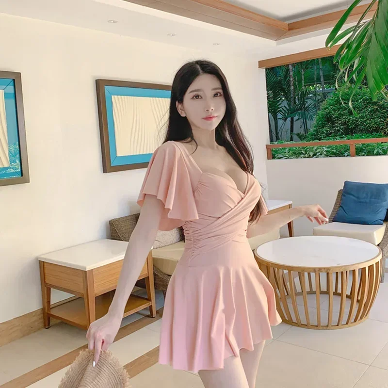 2024 핑크 원피스 수영복 여성 섹시 러플 푸쉬업 수영복 한국 모노키니 바디수트 비치 수영복 드레스