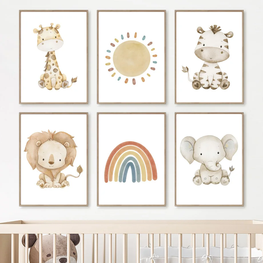 Nordic style cartoon watercolor animal lion giraffe rainbow baby room kindergarten poster canvas decorative painting core