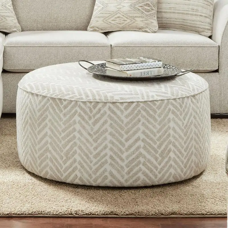 Transitional Style Round Upholstered Ottoman with Welt Trim, Solid Wood Frame, Multiple Finishes Available