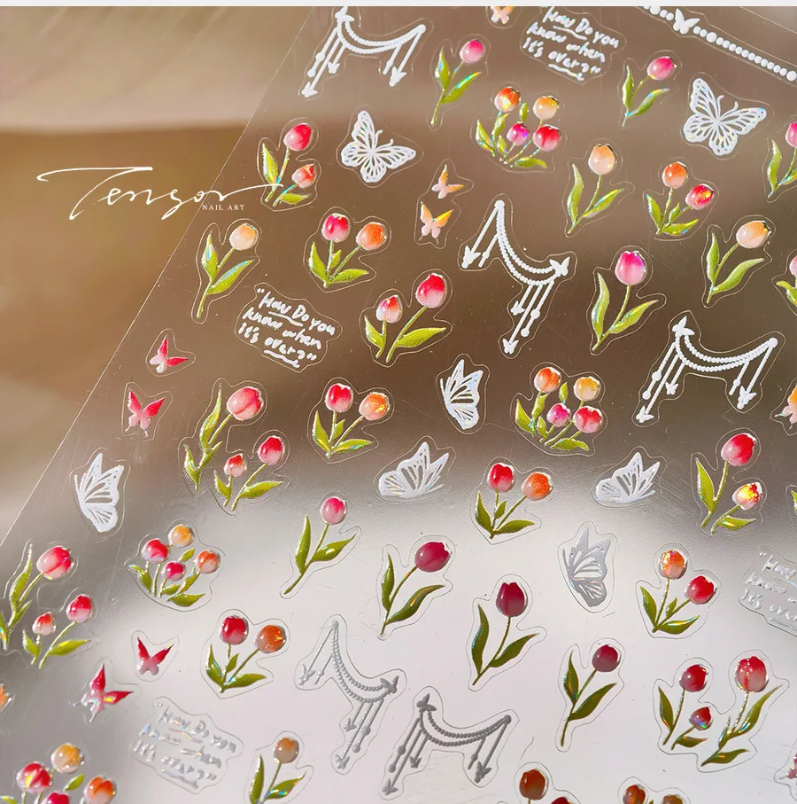 สวนโรแมนติกดอกไม้ช่อดอกไม้ 5D สติกเกอร์เล็บ GOLD Stamping กรอบรูปขอบ Bowknot ดอกไม้ Self กาวเล็บ Decal