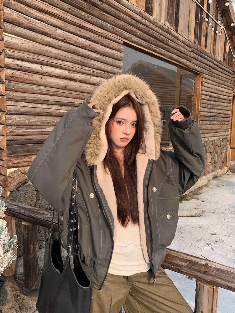 

Ретро-куртка в американском стиле для женщин, хлопковая, с флисовой подкладкой, зимняя верхняя одежда, парные парки, однотонная, на молнии