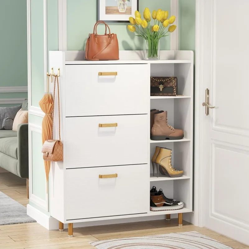 

Shoe Cabinet, Flip Drawers Shoe Storage Cabinet for Entryway with 3 Flip Drawers and 5 Shelves, Freestanding