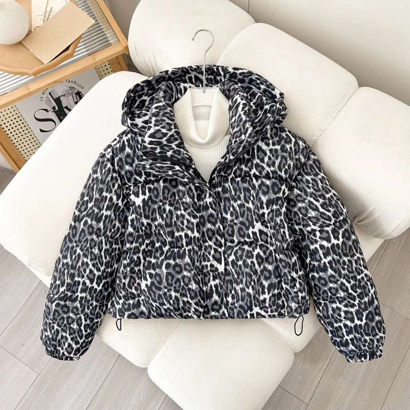 

Autumn Winter Thiened Detachable Hat down Cotton Jaet Women Large Size Printed Leopard Pattern Cotton Coat ort Size