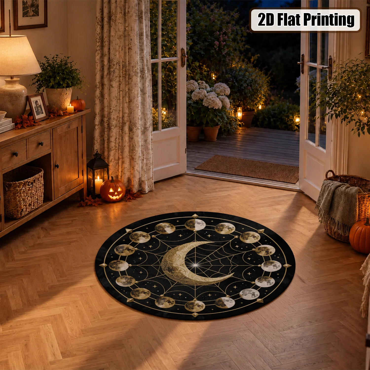 Celestial Moon Phase Golden Crescent Velvet Area Rug, Machine Washable, Suitable for Living Room, Bedroom, Home Office, Entryway, Perfect for Halloween, Thanksgiving, Christmas, New Year, Black Friday Home Decor