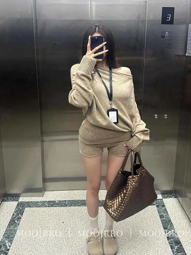 Fall Winter Women Korean Shoujo Girl Knit Outfits 2 Piece Set Long Sleeve Off Shoulder Sweater + Coquette Shorts Hot Pants Gyaru