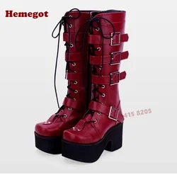 Thick Sole Patchwork Buckled Long Boots Round Toe Platform Lace Up Women's Knee High Boots Red Winter 2025 Gothic Spicy Shoes
