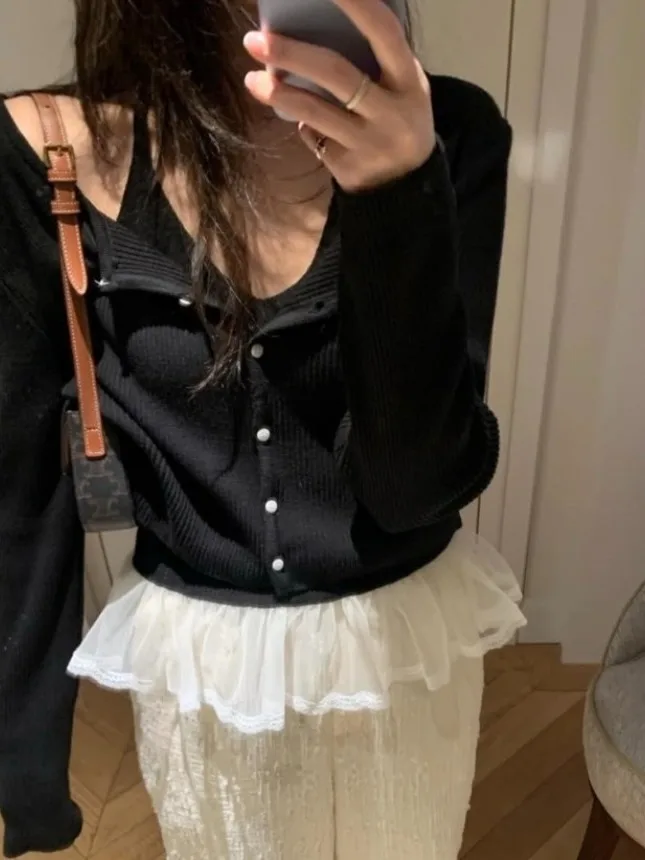 

Chic Spring Sweet Youthful Lace Trim Ne Hanging Vest Soft Cozy Knitted Cardigan Women's Faion Ladies' Knittedwear