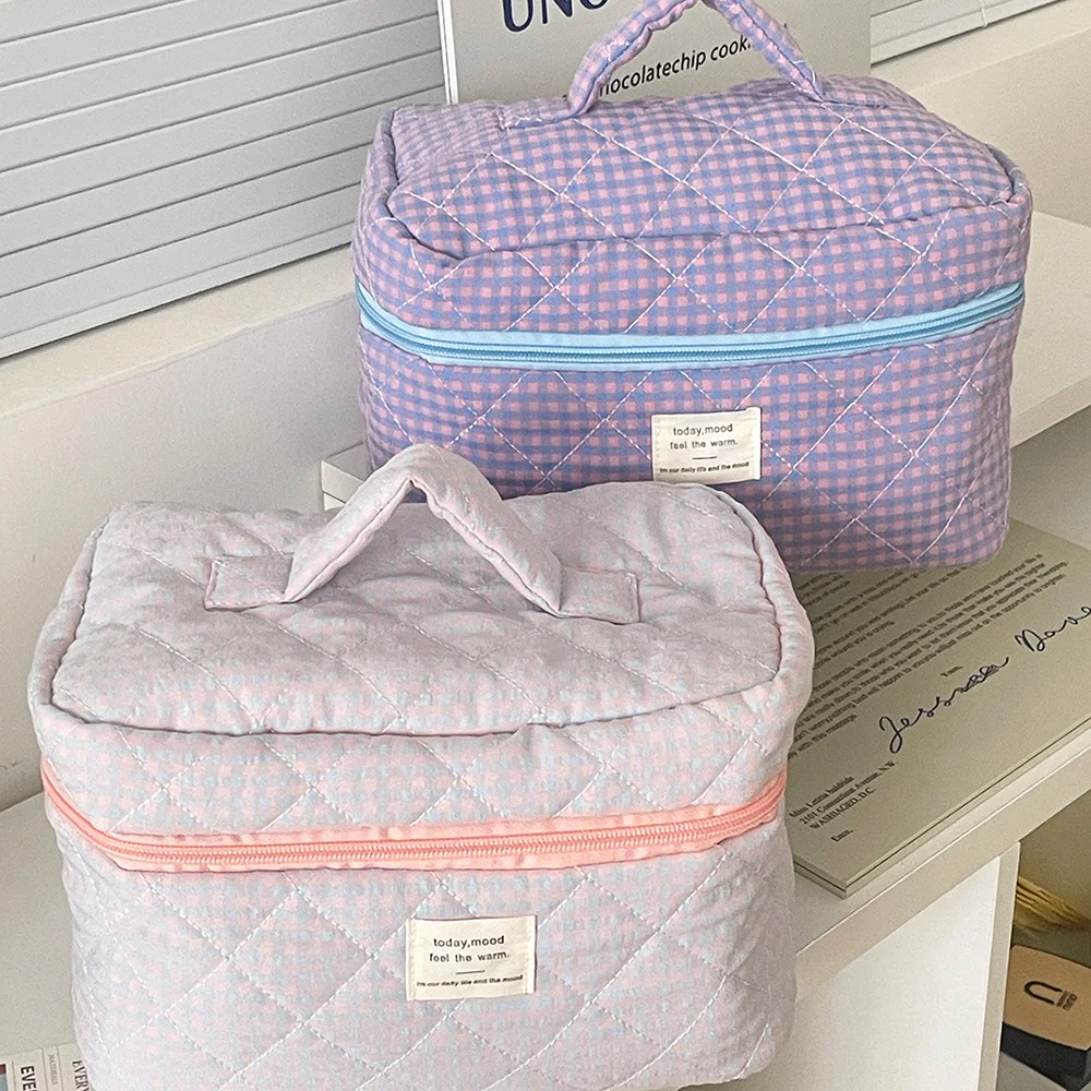 Ins Grid Women Tote Cosmetic Storage Bag Portable Large Capacity Ladies Travel Organizer Makeup Pouch Quilting Bag Zipper Bag