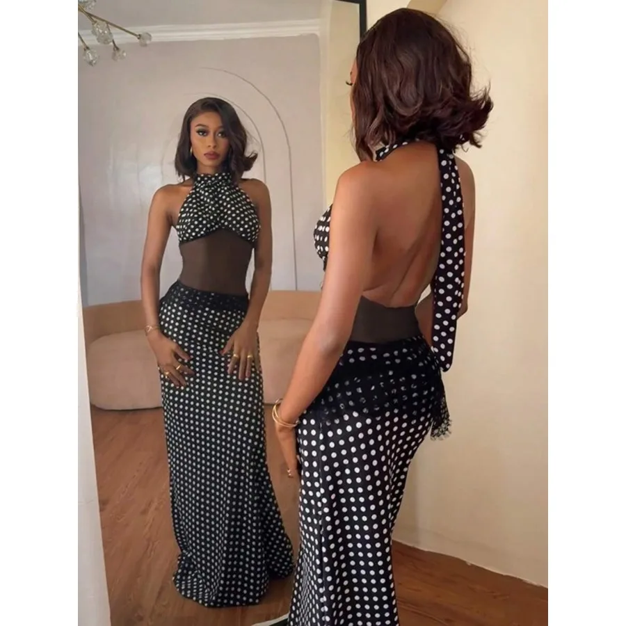 

【New style】Women's Polka Dot Dress, Sexy Women's Slightly Sheer And Elegant Mesh Mermaid Dress, Halter High-Neck Backless Long