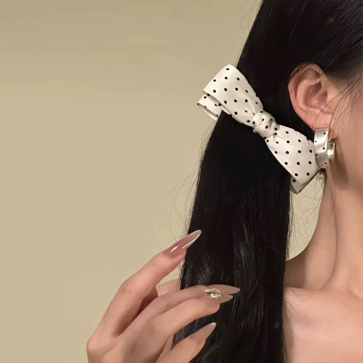 Sweet Black White Polka Dot Bow Banana Clip Large Ponytail Clip Fashion Versatile Ponytail Vertical Clip Styling Accessories New