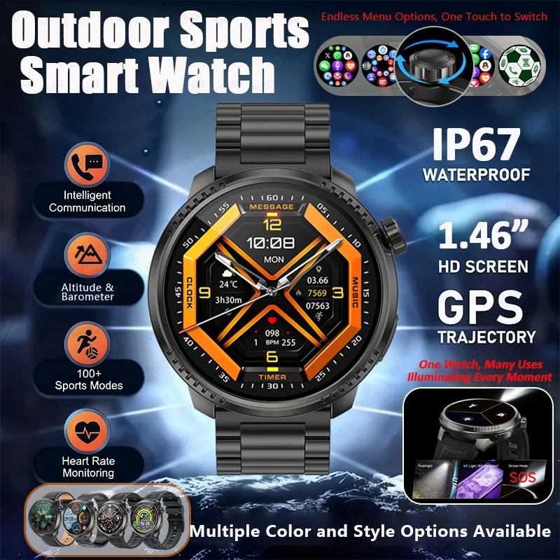 

New GPS Track Smart Watch SOS LED Flashlight Altimeter Barometer Health Monitoring 100+Sports Mode Waterproof Outdoor Smartwatch