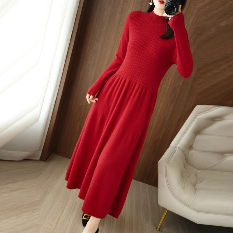 Spring Autumn Latest Style Women's Knitted Cashmere Wool Sweater Dress Long Style Solid Color Half-high Collar Long Sleeve Dress