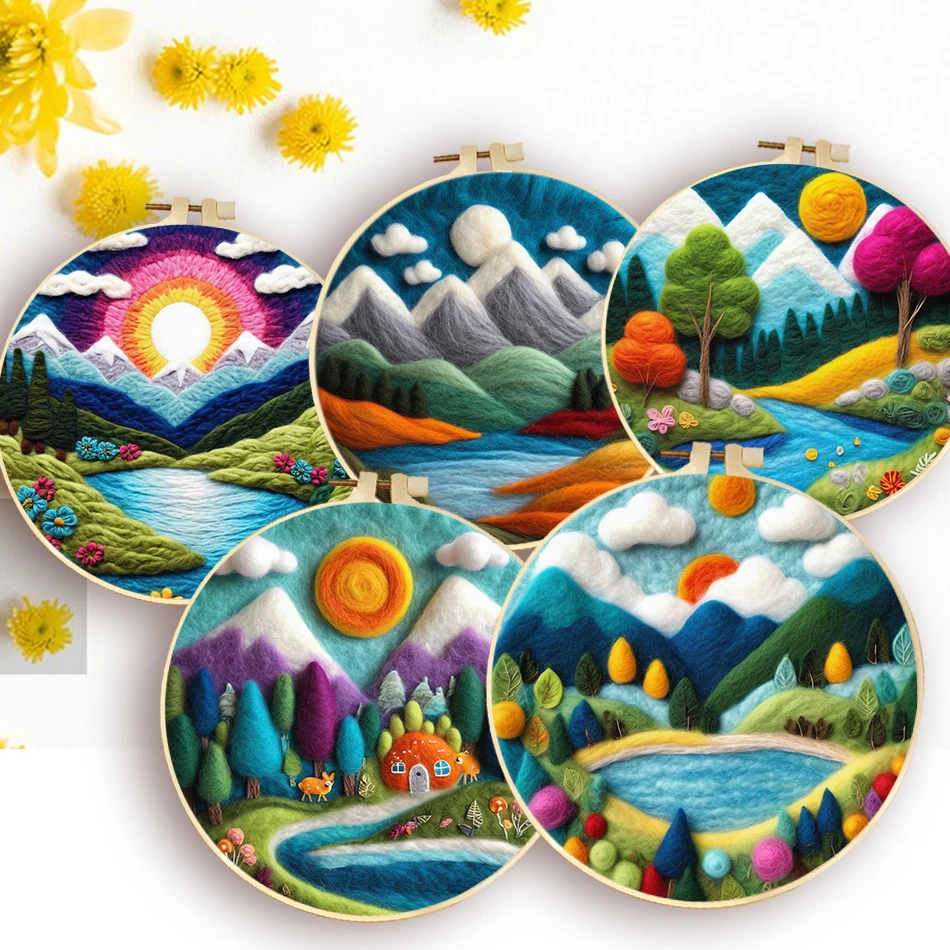 

DIY wool felting painting With Embroidery frame Creative Landscape DIY Felting Wool Kit Craft For Beginner Mom Friends Gift