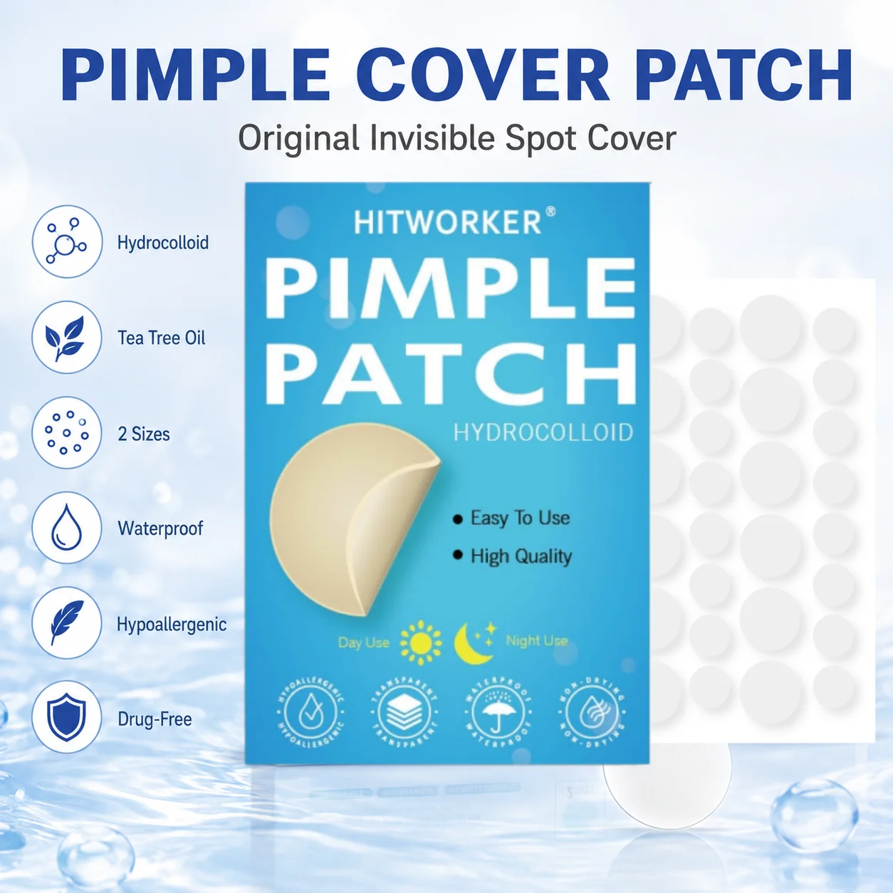 HITWORKER Hydrocolloid Pimple Patch Invisible Spot Cover, Mixed Sizes, Thin Edge, Easy Peel-Off, Waterproof for Day & Night Uses