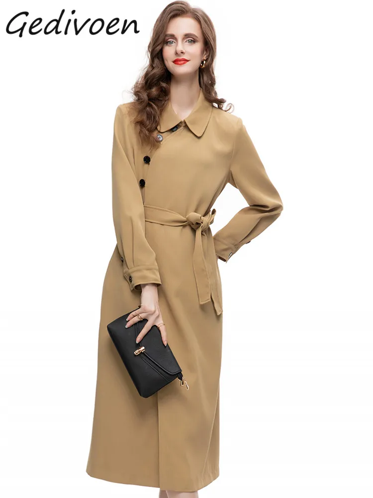 

Gedivoen Summer Fashion Runway Pink Vintage Trench Coat Women's Lapel Button Frenulum Gathered Waist Slim Slit Long Trench Coat