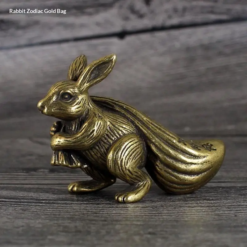 Copper Rabbit Figurines Miniatures Chinese Feng Shui Ornaments Desktop Decorations Craft Retro Animal Pull Money Bag Statue