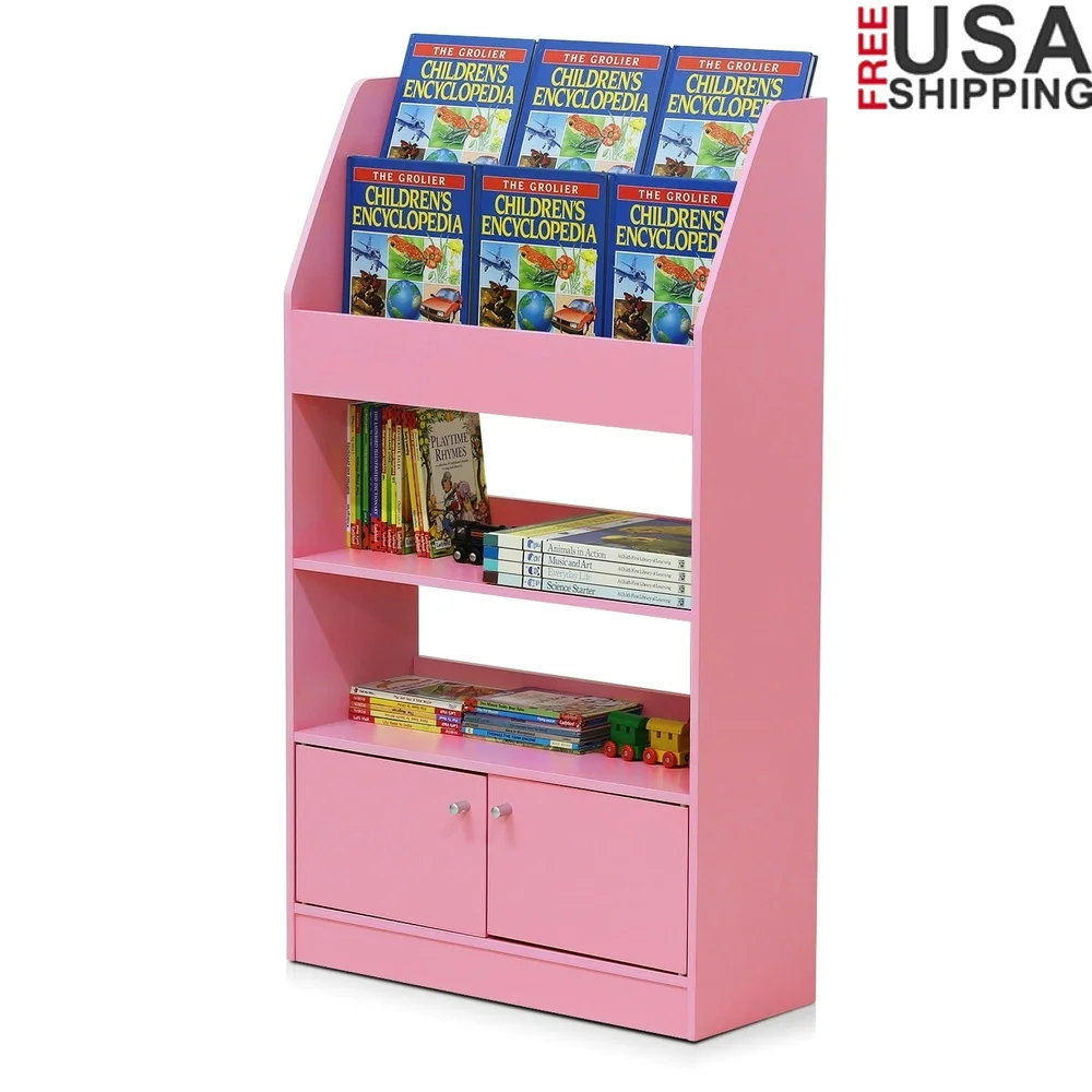 

Kids Bookshelf 4 Tier Storage Unit with Cabinet Open Shelves Living Room Bedroom Playroom Office Organization