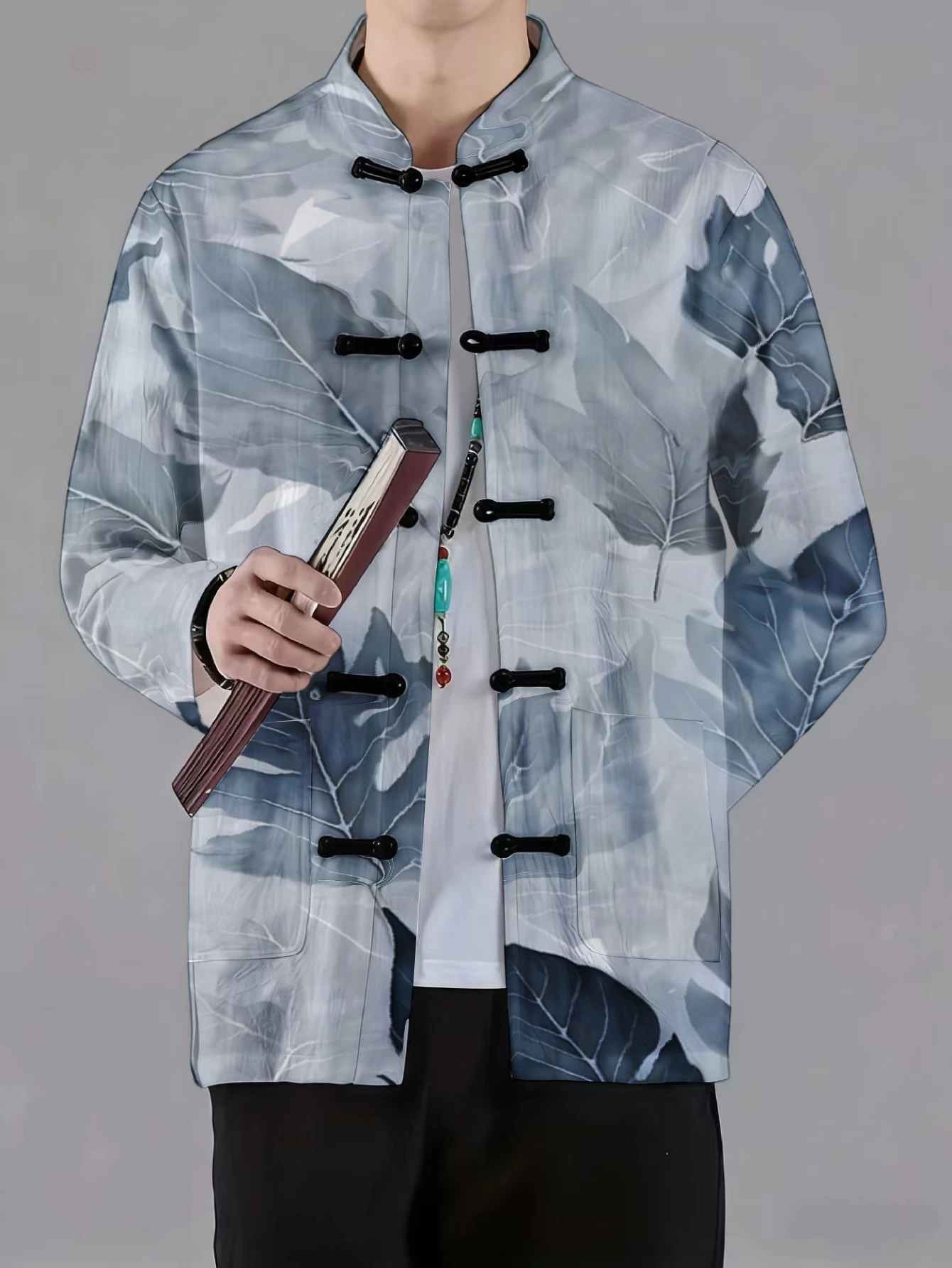 Men Mandarin Collar Frog Button Long Sleeve Jacket Ink Floral Leaf Star Print Traditional Coat
