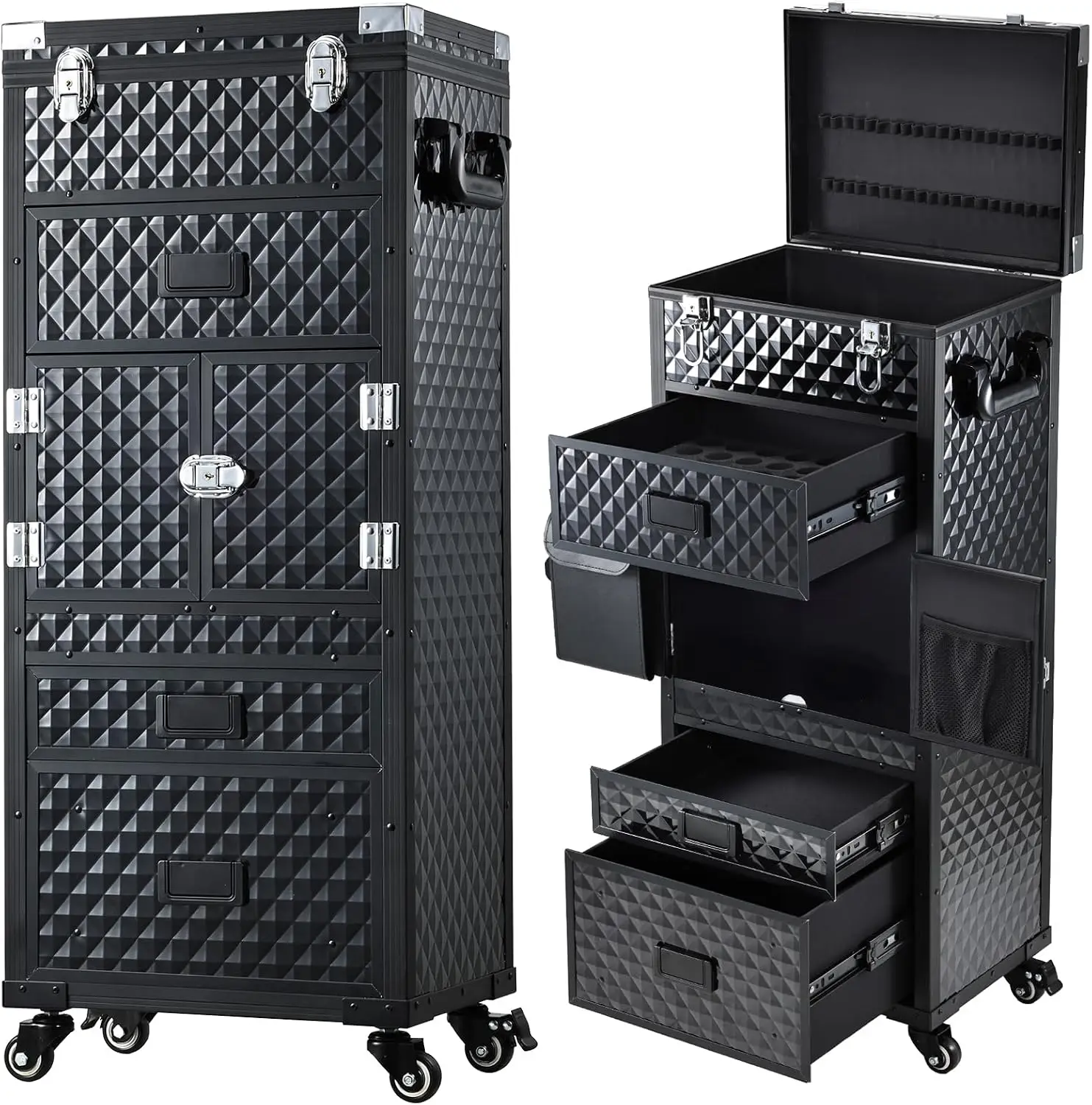 Rolling Makeup Case Salon Cart 5-In-1 Cosmetology Case on Wheels 3 DrawersWait no, follow rules properly: reorder, synonyms, no