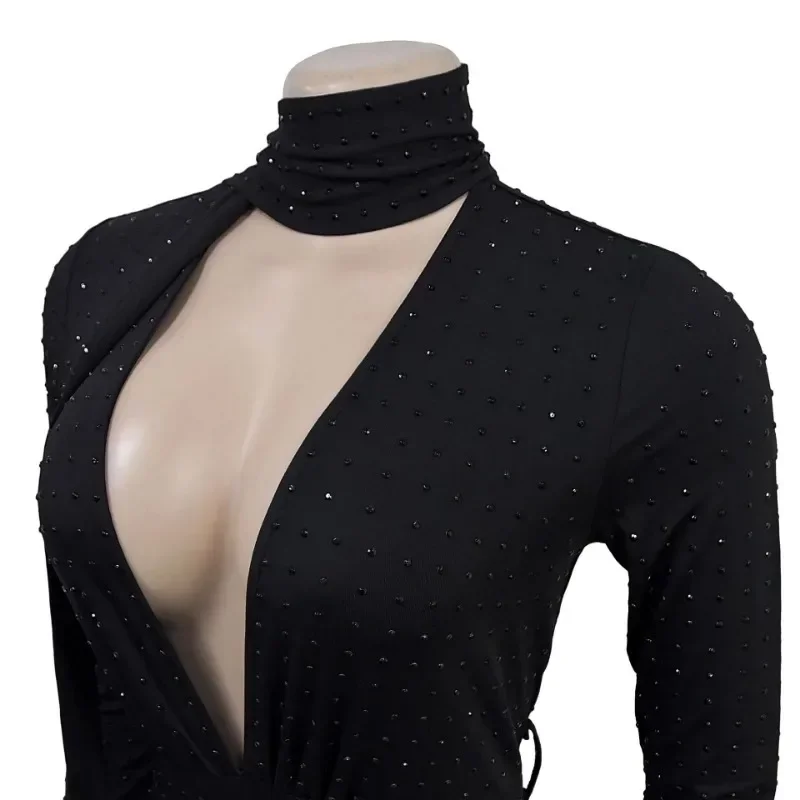 KEXU 2025 Tute da donna con scollo a V a maniche lunghe Pagliaccetti con strass Shinny One Piece Abiti da festa sexy per night club con sciarpa