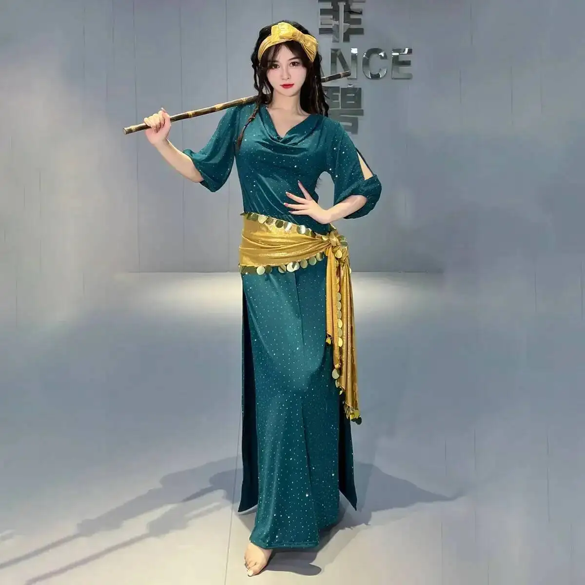 Halloween Belly Baladi Performance Shabbi Robes Dance Brazilian Carnival Costume Set For Women Half Sleeves Robe+headdress+Belt