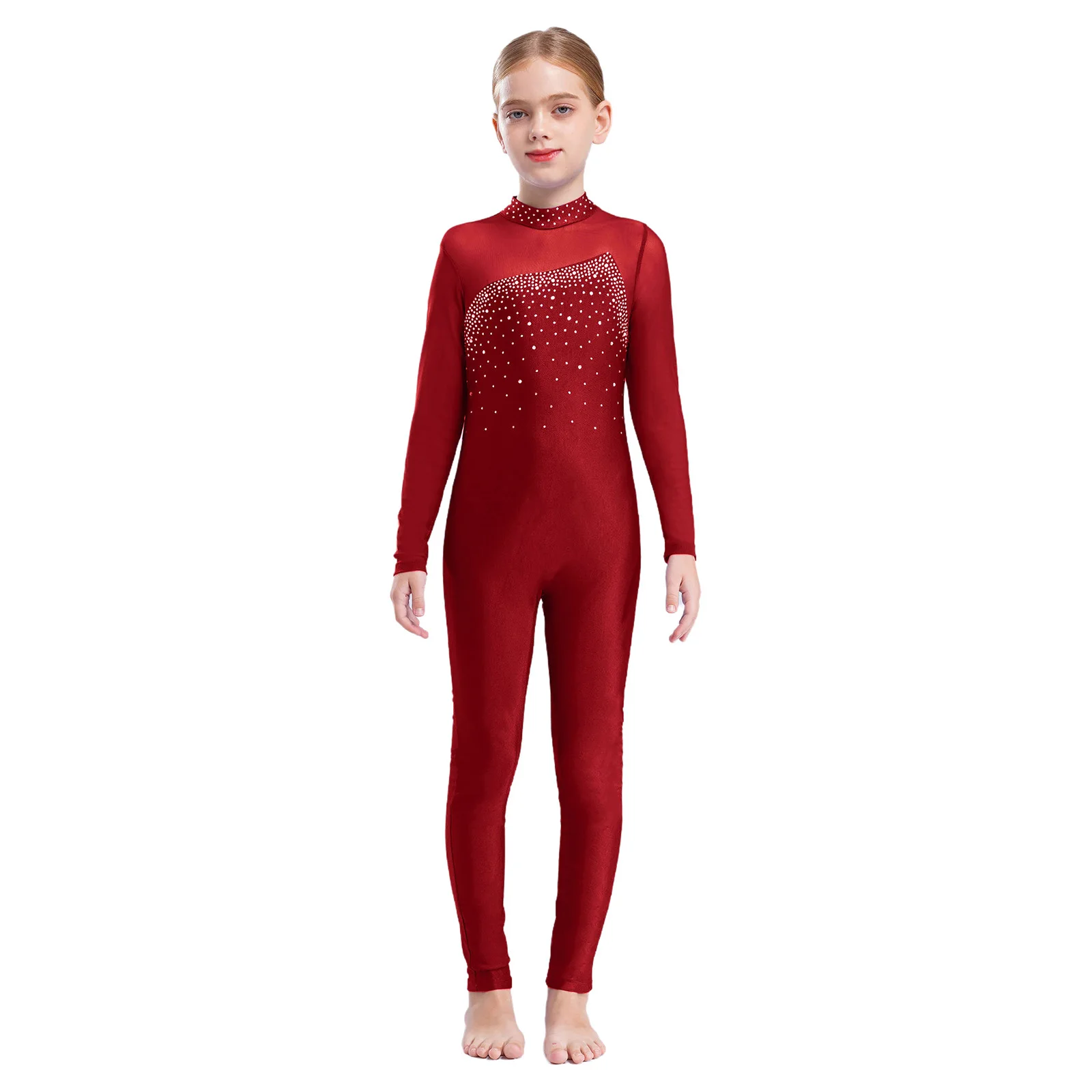 

Kids Girls Acrobatics Gymnastics Jumpsuit Long Sleeve Shiny Rhinestone Ballet Leotards Figure Skating Romper Dance Costumes