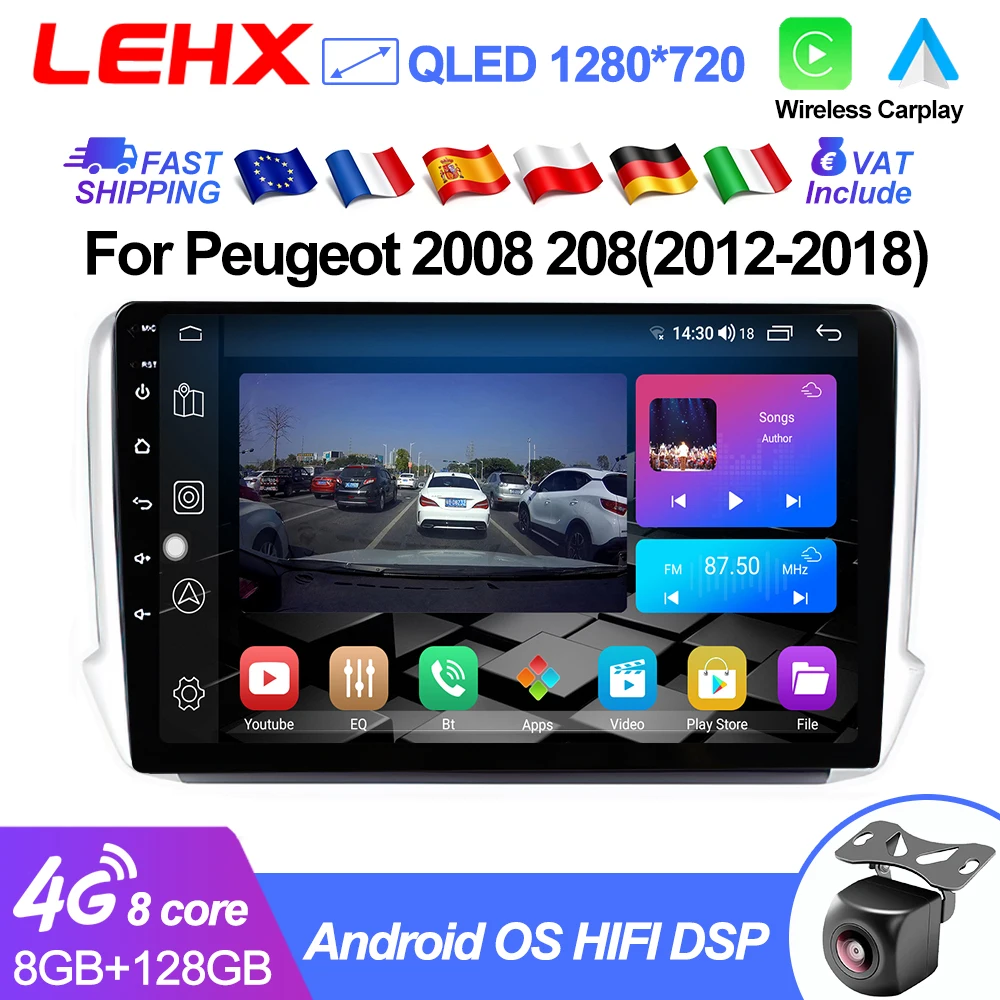 LEHX L6PRO 8 cœurs, caméra 360°, autoradio Android 15 2Din avec CarPlay sans fil et Android Auto pour Peugeot 2008 208 - 2018, DSP, RDS, WiFi, 4G, navigation GPS