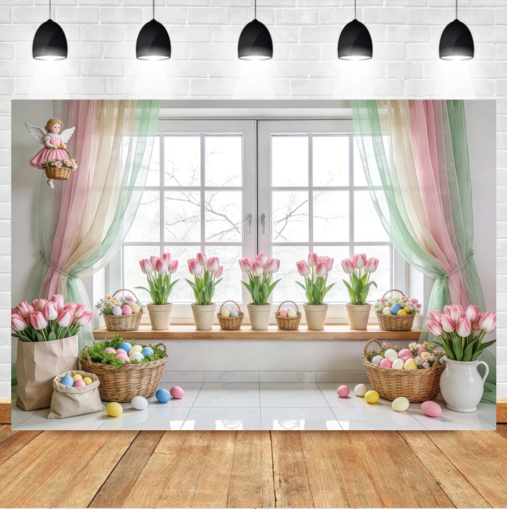 Spring Easter Baby Photo Studio Background Theme Floral Green Wreath Pastel Colored Eggs Newborn Portrait PhotographyBackdrop ﻿