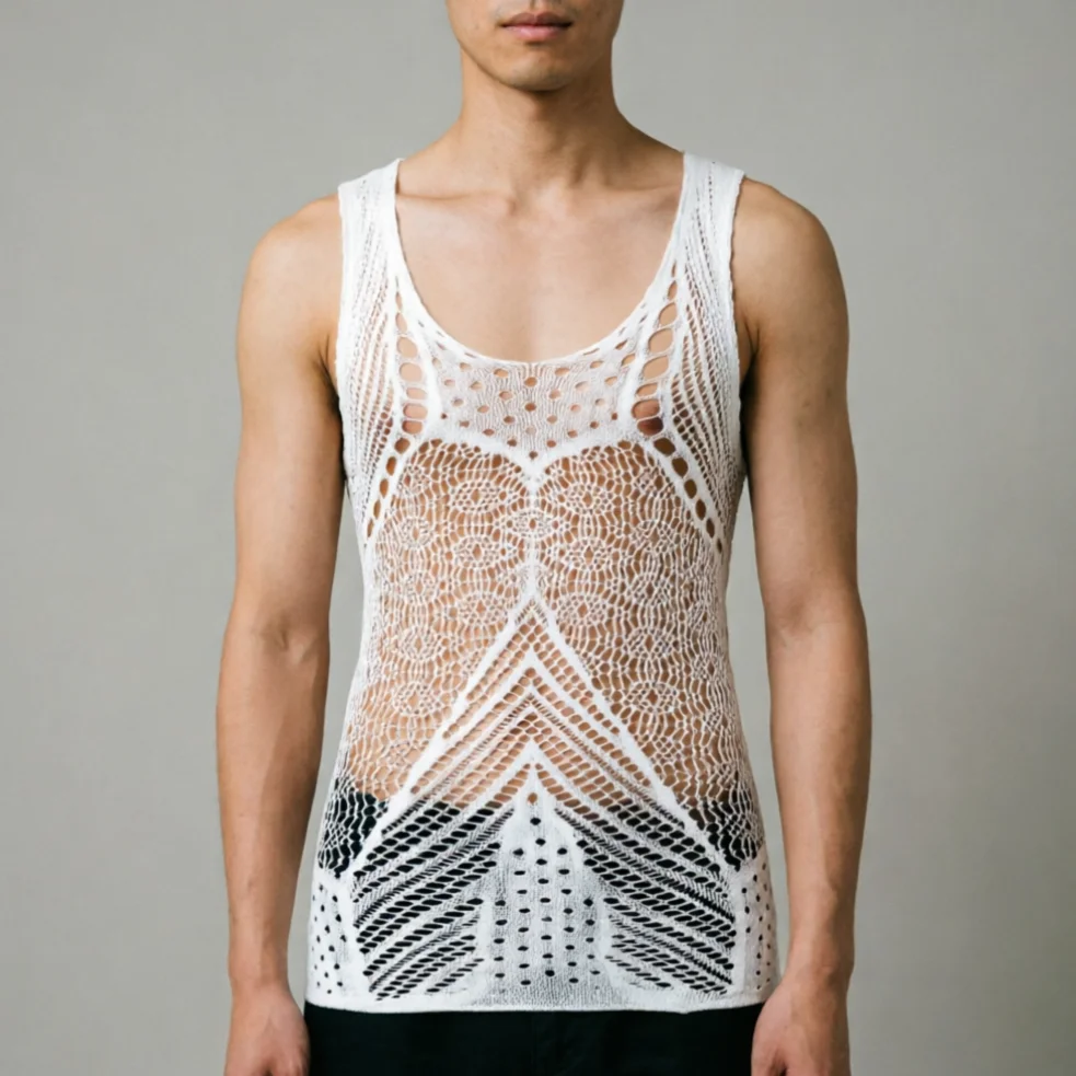 White Men's Sexy Lingerie Male Hollow Out Fishnet Tops Black Blue Color Man Sexy Nightwear 2026 Fashion Hombre Lencería
