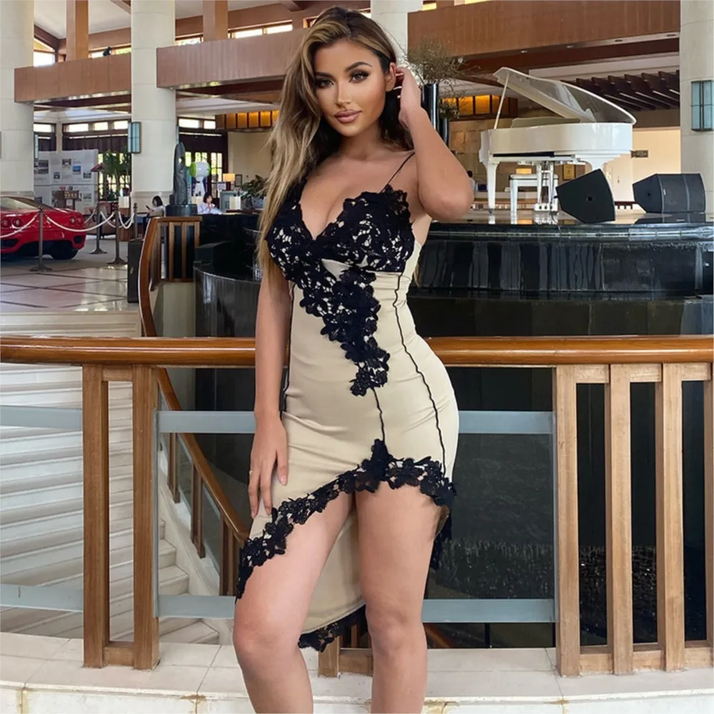 Party Dresses For Woman Sexy Deep V Lace Patchwork Vestidos Package Hip Suspender Evening Dress Spaghetti Strap Contrast Trendy