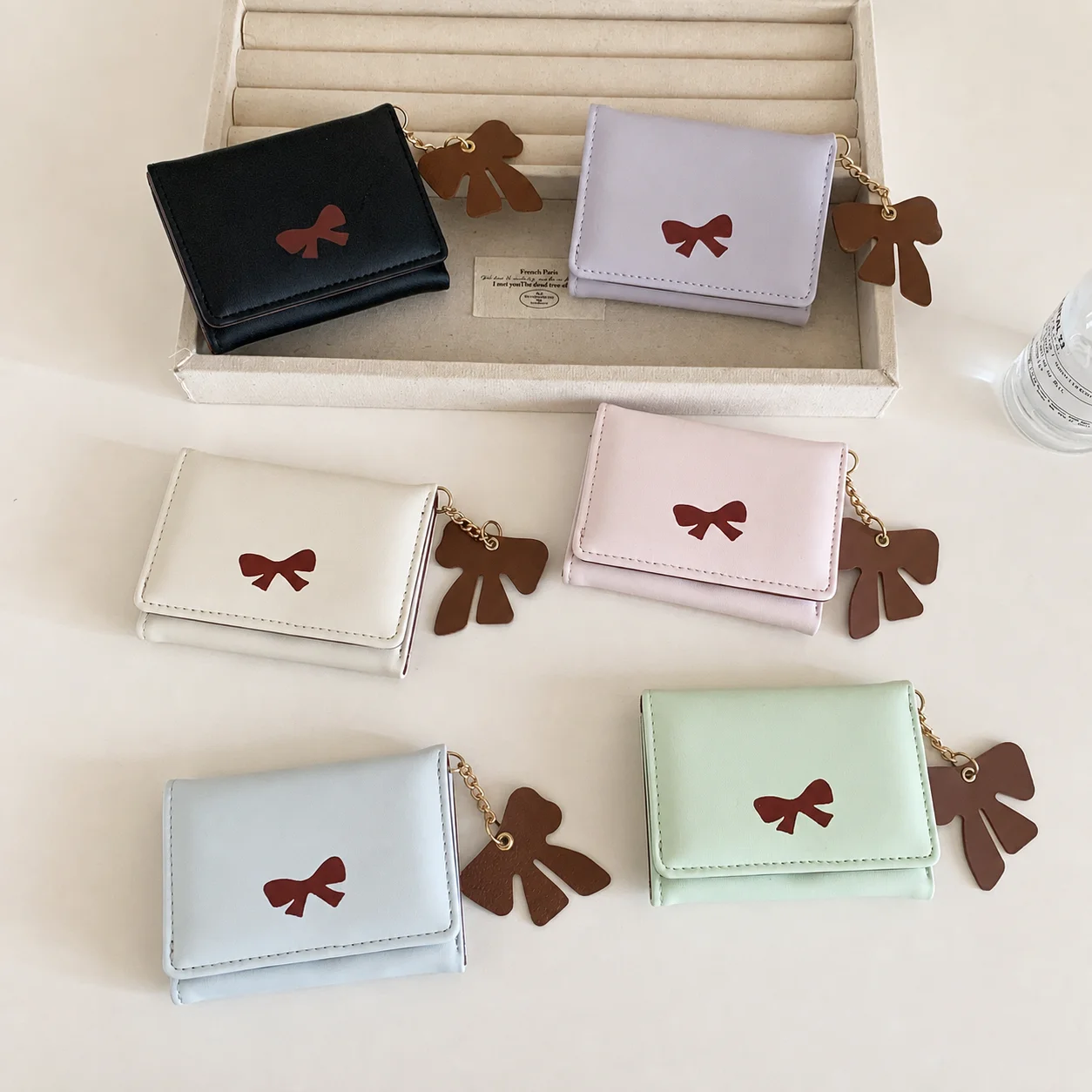 Fashion Trifold Wallet Women's PU Leather Short Card Holder Bowknot Coin Purse Portable Multi-Functional Organizer Money Pouch