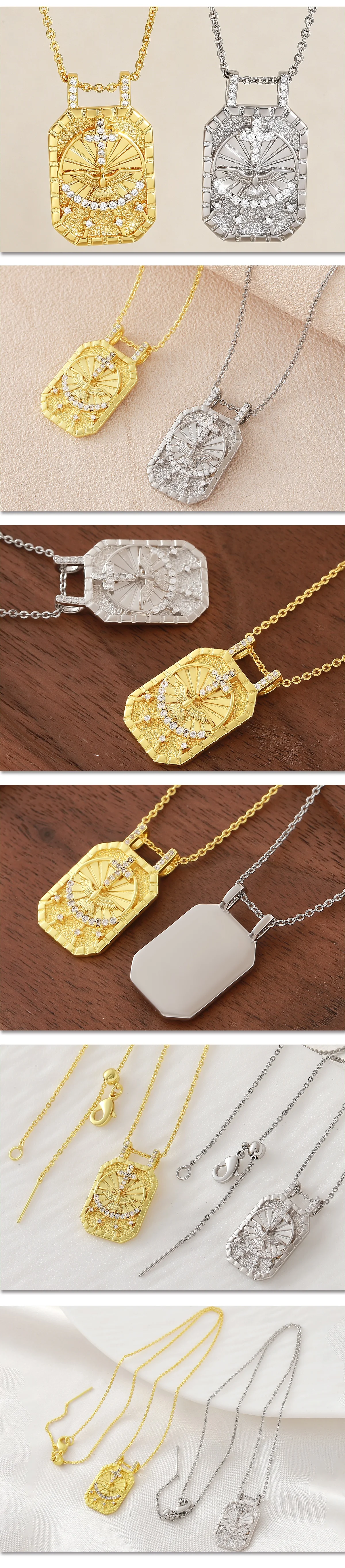 MHS.SUN Kubisches Zirkon-Kreuz Heiliger Geist Vogel Anhänger Halsketten für Frauen Männer Rechteckige Gold-/Silberfarbene Kette Religiöser Schmuck – Detail 17