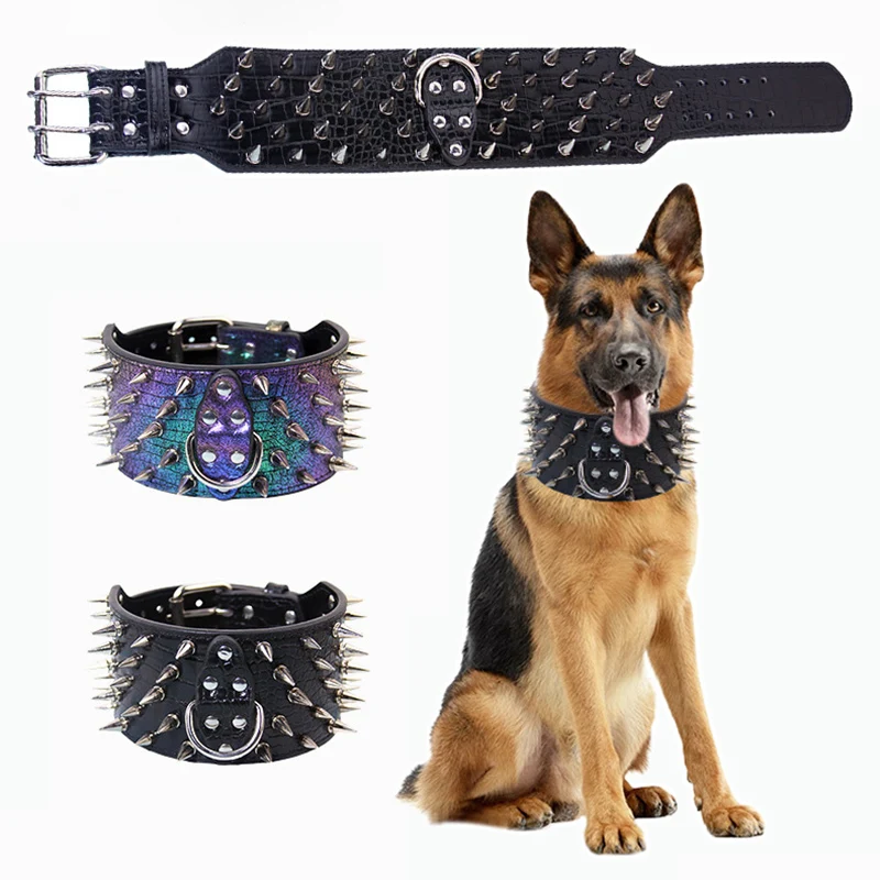 

Extra-Wide PU Leather Dog Collar Heavy Duty Anti-Bite Cool Punk Rivet Pet Collar for Medium Large Dogs Pet Decor Accessories