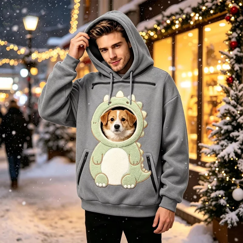 Plus Size Pet Pouch Hoodies Women Men Couple Funny Dinosaur Pattern Oversized Cat Pockets Hoodies Pet Carrier Hooded Sweatshirts